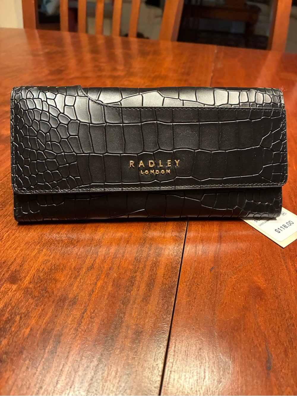 RADLEY LONDON Black Croc-Embossed Leather Continental Wallet with Gold Logo